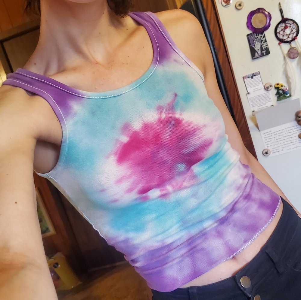 Purple blue and pink hand dyed tie dye tank top